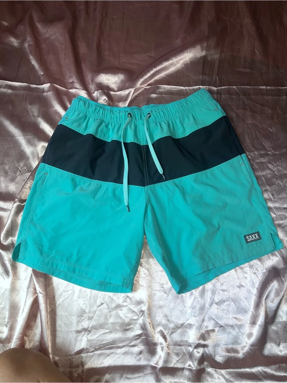 Saxx Teal and Navy Colorblock Swim Trunks Size Medium